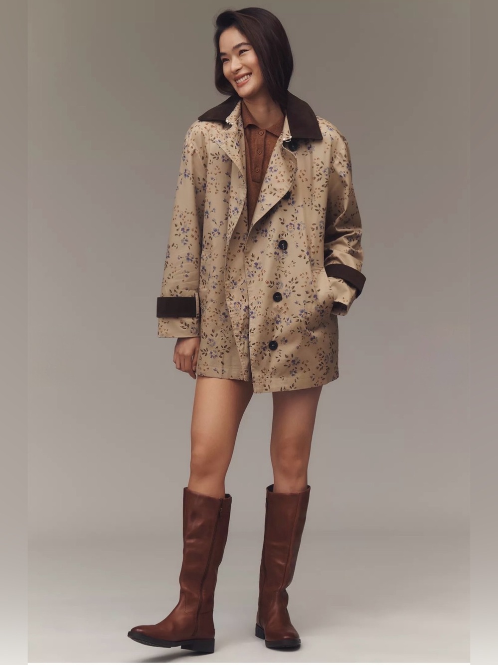 Anthropologie  Avec Les Filles Floral Trench Coat L Beige Brown Double Breasted